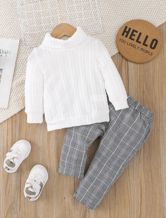 Baby Boys White Color Turtleneck Sweatshirt & Plaid Pants Set | 6M - 3Y