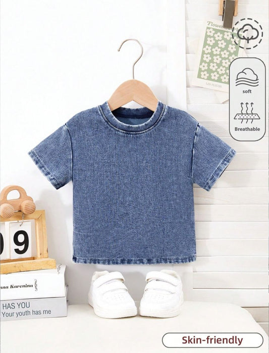 Baby Boys/ Girls  Stonewashed Casual Soft Cute Patch Loose Fit Knitted Denim T-Shirt | 6M - 3Y
