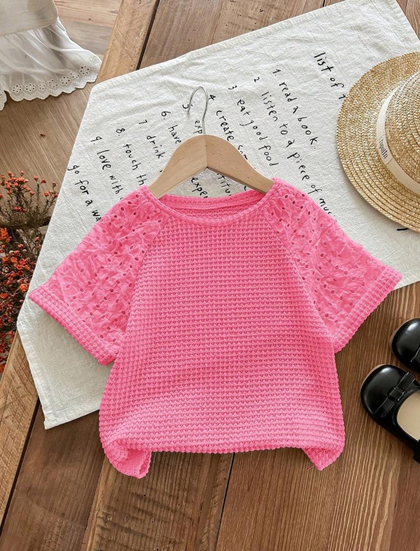 Young Girls Knitted Woven Patchwork Hollow Raglan Sleeve Fitted T-Shirt | 4Y - 6Y