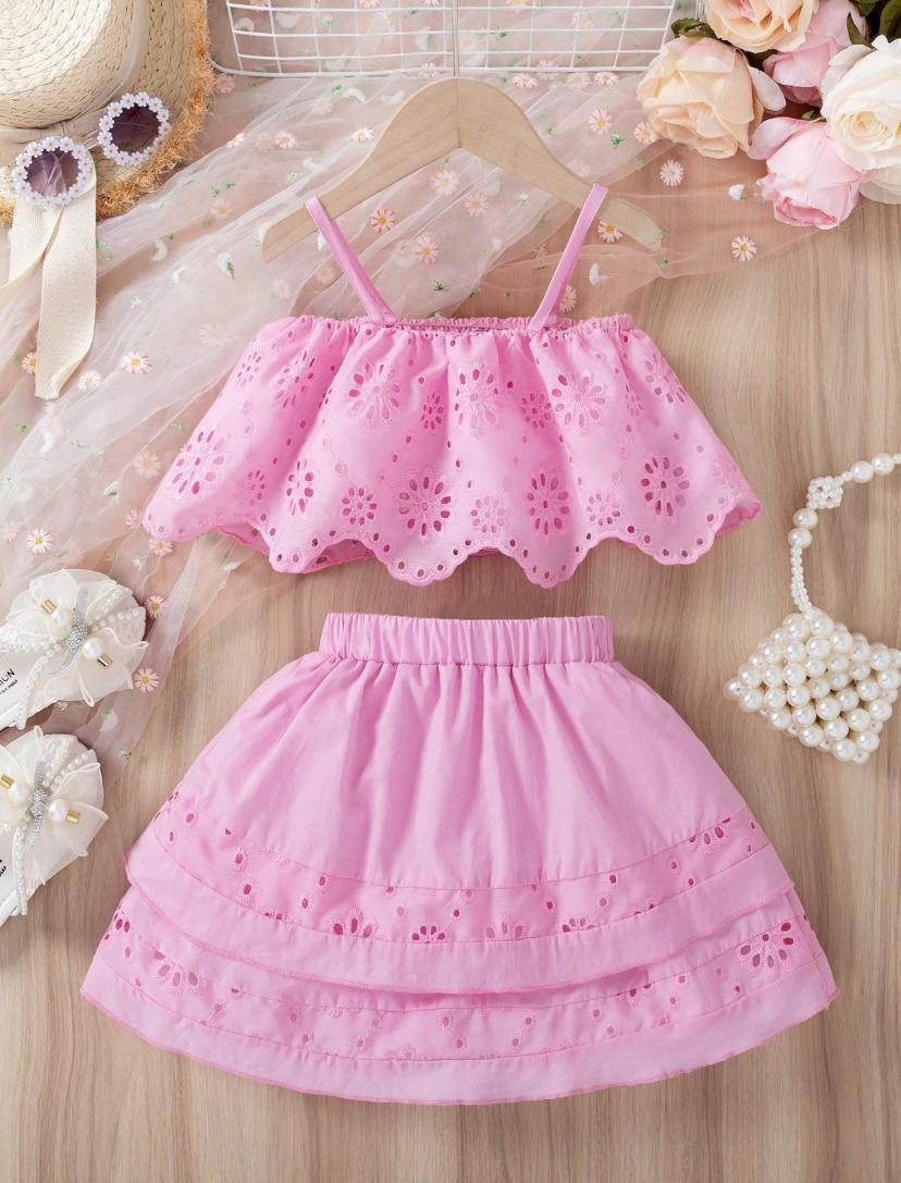 Young Girls Fashionable Solid Color Mesh Hollow Out Camisole & Skirt Set | 4Y - 7Y