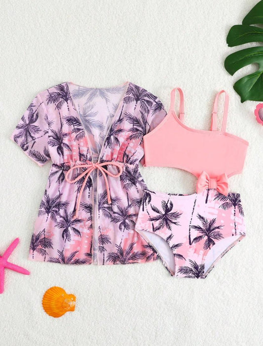 Baby Girls Palm Tree Printed Triangle One-Piece Swimsuit & Short Sleeve Cover-Up Set | 6M - 3Y