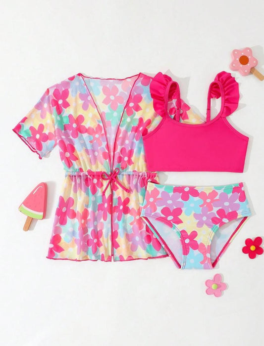 Baby Girls Three Piece Set Floral Printed Bikini Set | 9M - 3Y