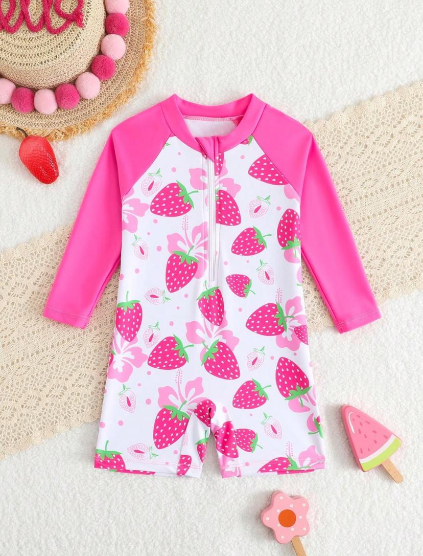 Baby Girls Long Sleeve Strawberry Printed Swimsuit | 6M - 3Y