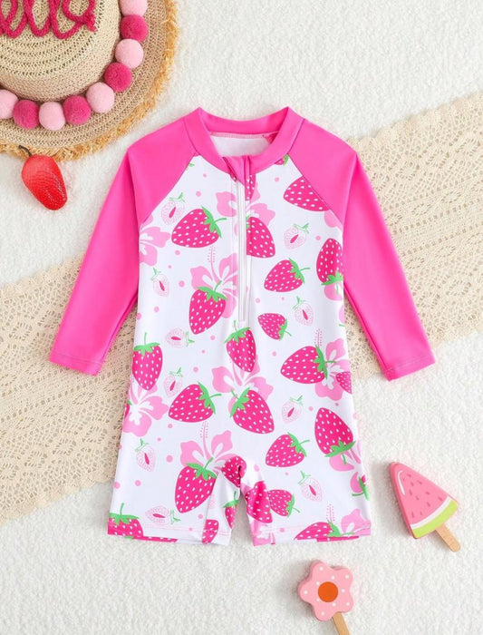 Baby Girls Long Sleeve Strawberry Printed Swimsuit | 6M - 3Y