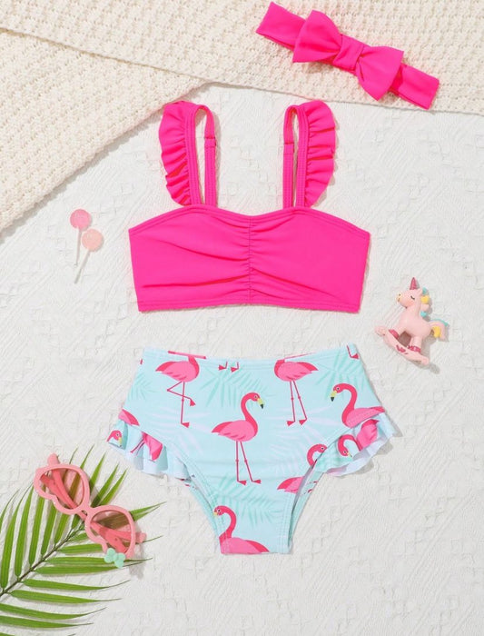 Baby Girls Flamingo Printed Bikini Set with Headband | 6M - 3Y