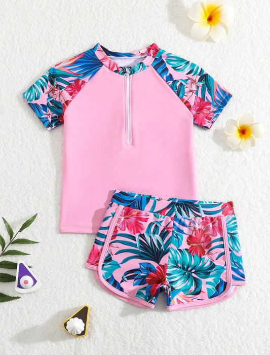 Young Girls Flowers Printed Top and Swim Short Set | 4Y - 7Y