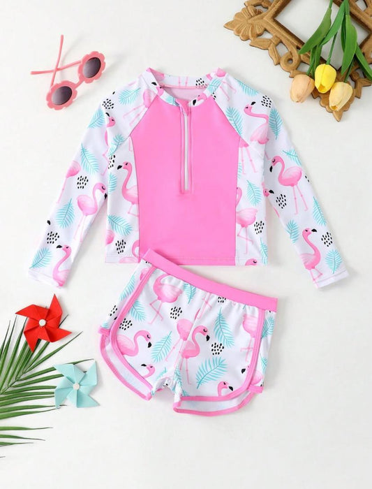 Young Girls Pink Flamingo Printed Long Sleeve Swim Top & Short Set | 4Y - 5Y