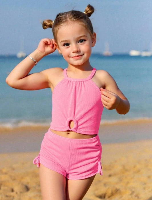 Young Girls Solid Color Swim Top & Short Set | 4Y - 7Y