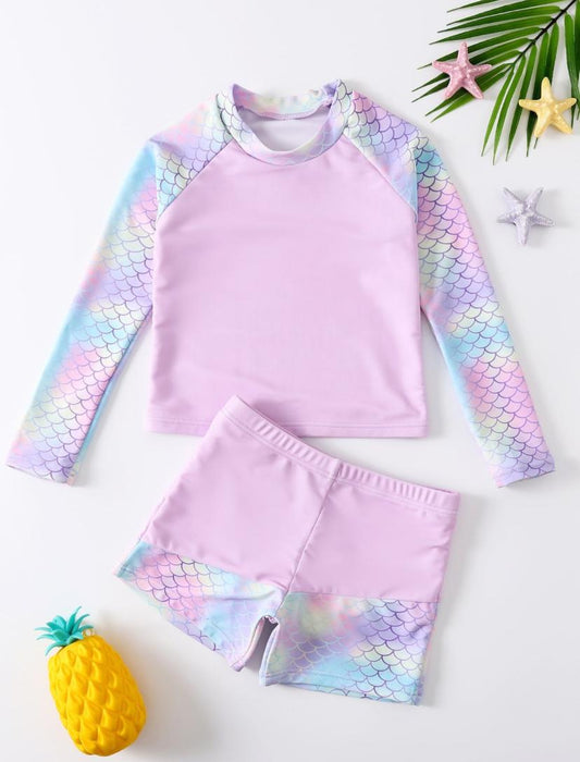 Girls Long Sleeve Purple Color Swim Top & Short Set | 1Y - 6Y