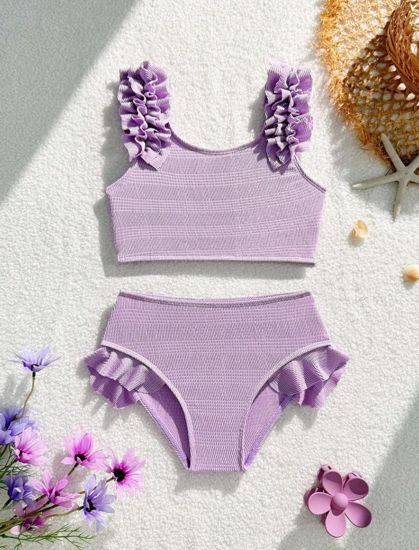 Young Girls Special Ribbed Purple  Fabric Swimsuit With Flouncing Edges Set | 4Y - 7Y