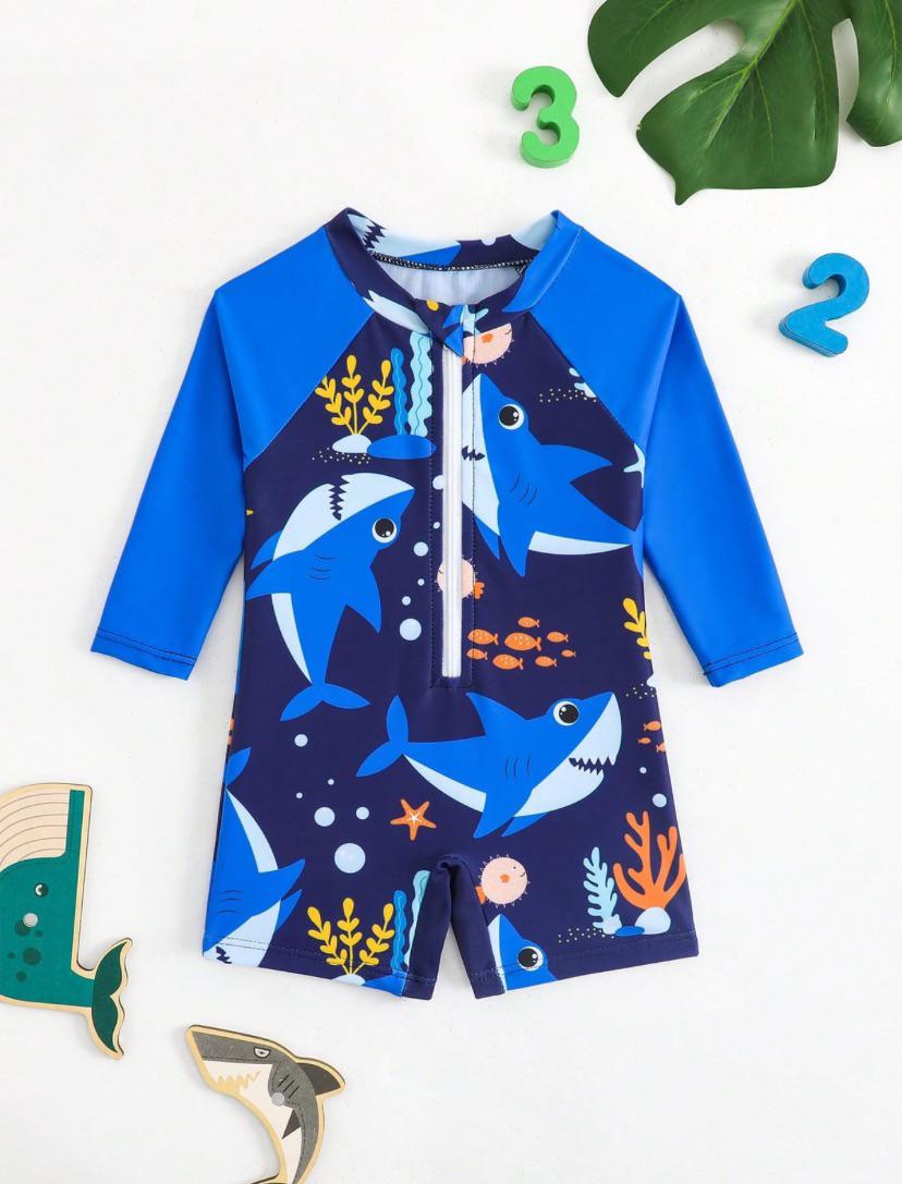 Newborn Underwater World Blue Shark Polyester One-Piece Swimsuit | 0M - 6M