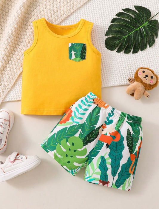 Baby Boys Tropical Print Patched Pocket Tank Top & Shorts Set | 6M - 3Y