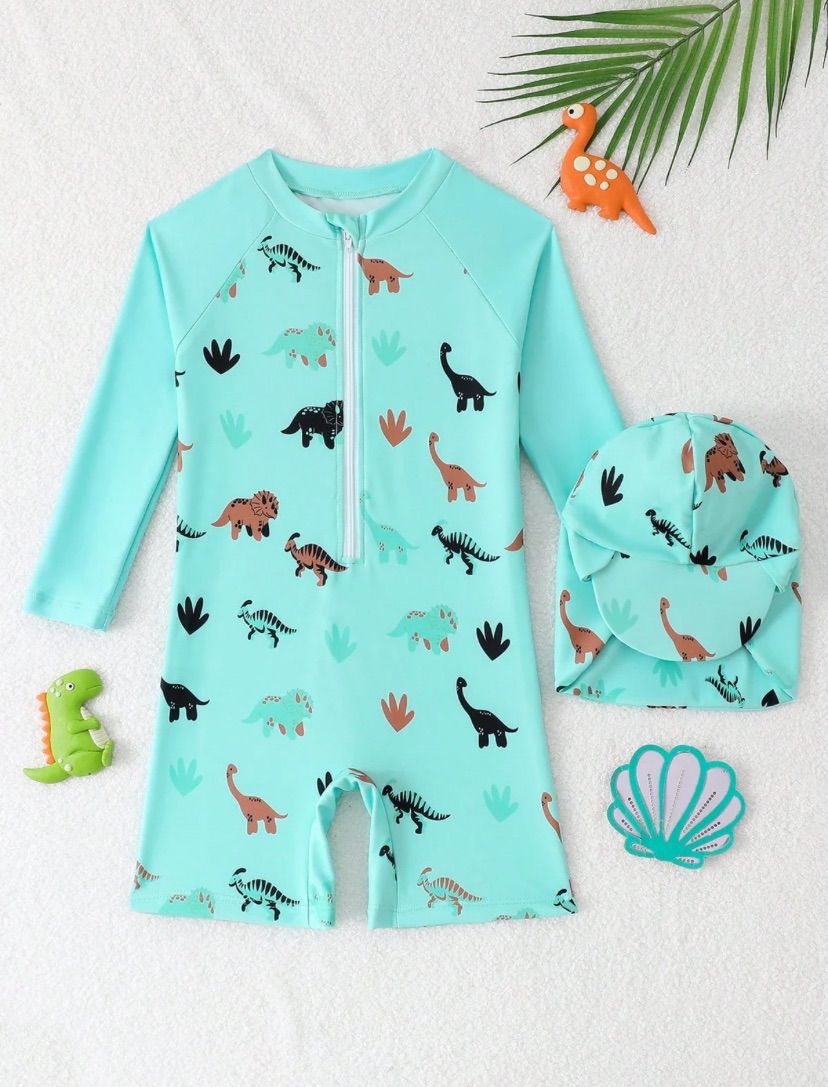 Young Boys Cartoon Dino Printed Sea Blue One-Piece Swimsuit | 4Y - 7Y