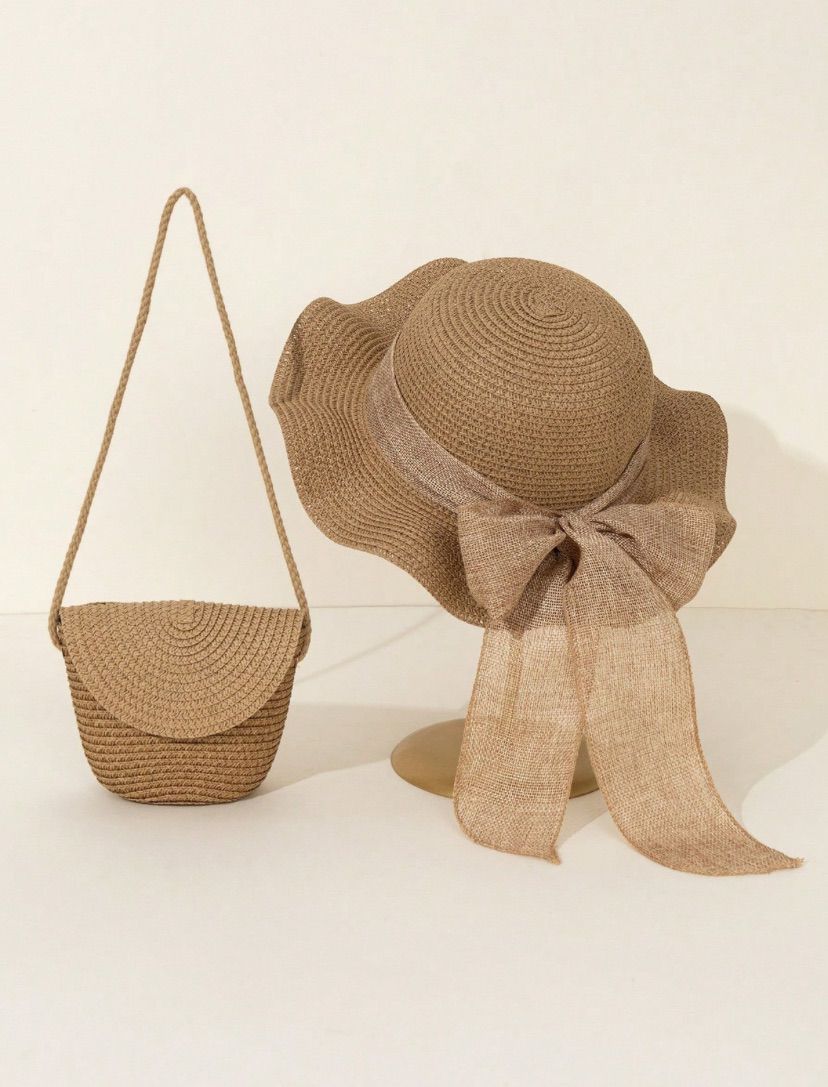 Khaki Flap Crossbody Straw Bag & Bow Straw Hat