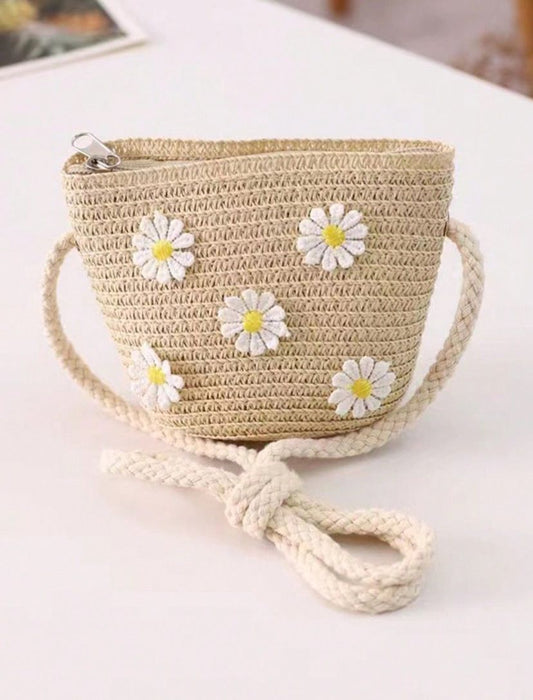 Floral Rattan Beige Mini Straw Beach Crossbody Bag