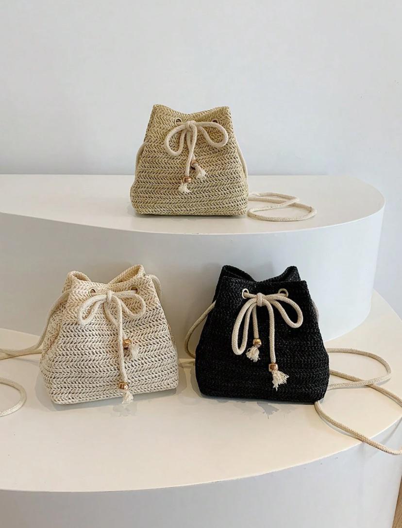 Straw Braided Drawstring Bucket Bags