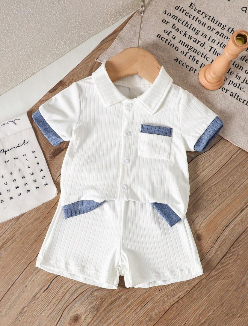 Baby Boys White Front Pocket Shirt & Short Set | 6M - 3Y