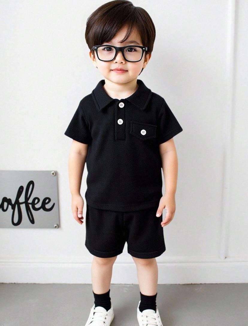 Baby Boys Casual Button Down Polo Collar Short Sleeve Black T-Shirt | 6M - 24M