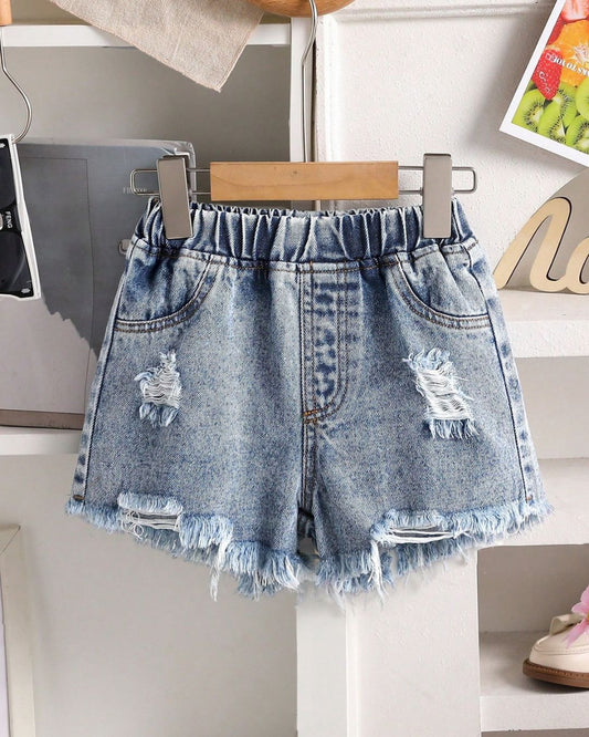 Young Girls Soft Frayed Ripped Denim Shorts | 4Y -7Y