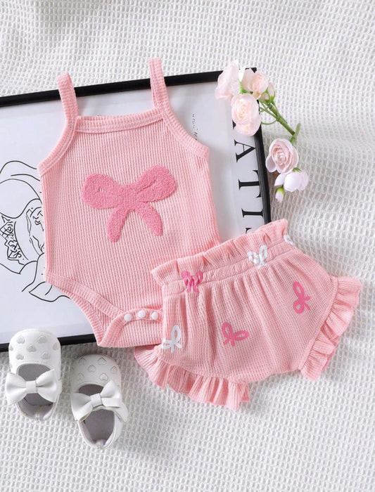 New Born Bow Embroidered Corset & Shorts Sets | 1M - 6M
