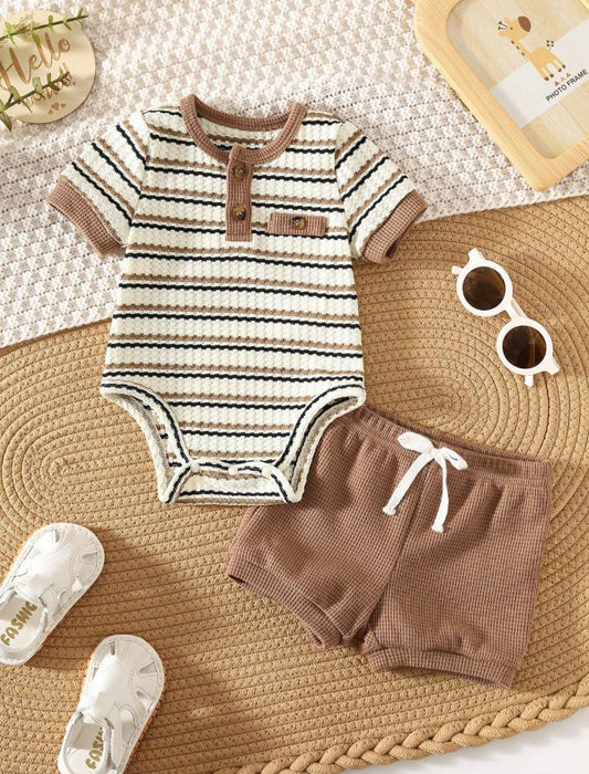 New Born Summer Brown Striped Short Sleeve Romper & Shorts Set | 1M - 6M