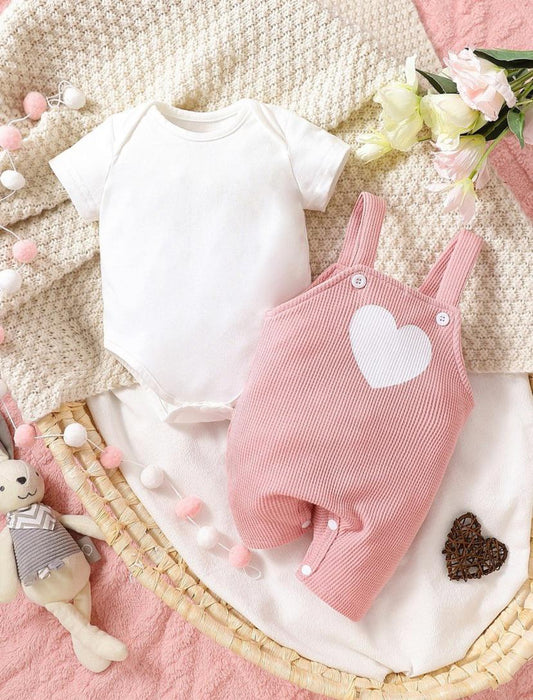 New Born Solid Bodysuit & Heart Print Cami Romper | 1M - 3M