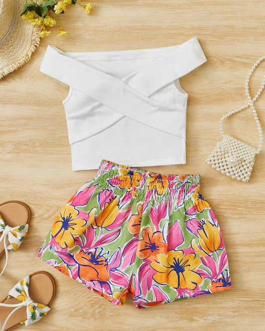 Young Girls Off Shoulder Wrap Cross Top & Floral Print Shorts Set | 4Y - 7Y