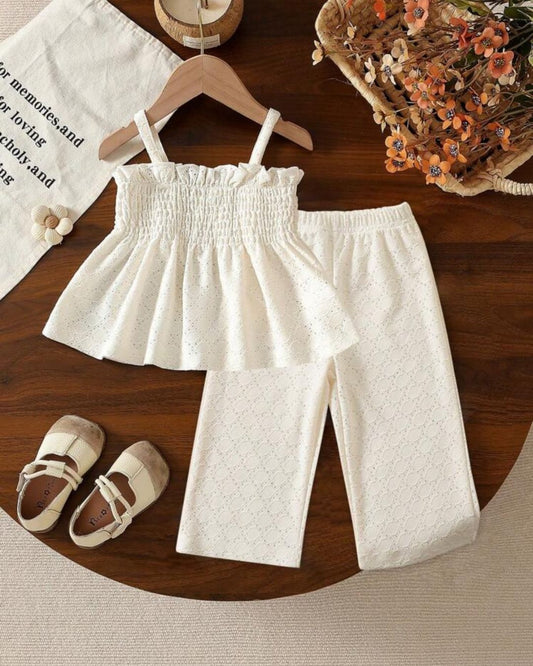 Baby Girls White Ruffle Trim Wide Strap Top &  Pants Set  | 6M - 3Y