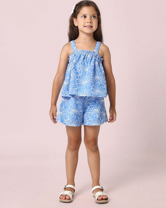 Young Girls Summer Floral Print Ruffle Top with Matching Shorts Set | 4Y - 7Y