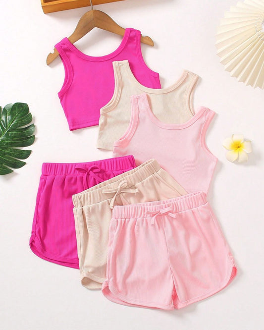 Young Girls Plain Casual Round Neck Top & Shorts Set | 4Y - 7Y