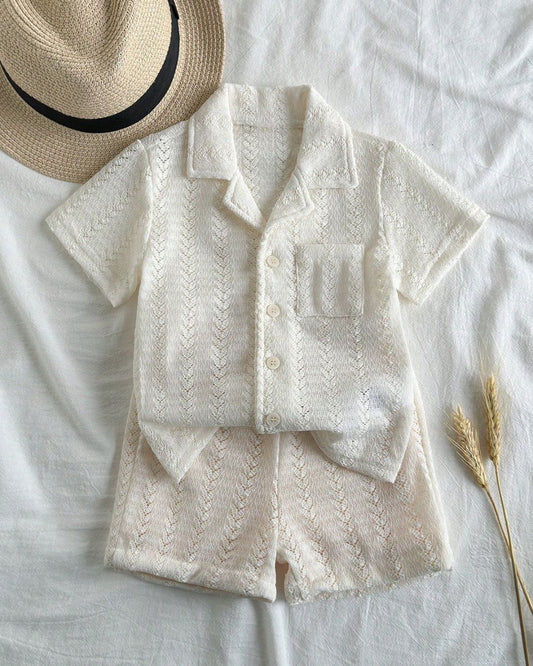 Bold & Retro - White Knit Soft Collared Short Sleeve Top & Short Set | 3M - 3Y
