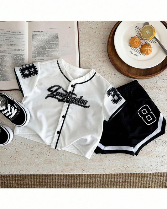 Bold & Retro - Letter Print V-Neck Short Sleeve Top & Elastic Waist Shorts Set | 6M - 3Y
