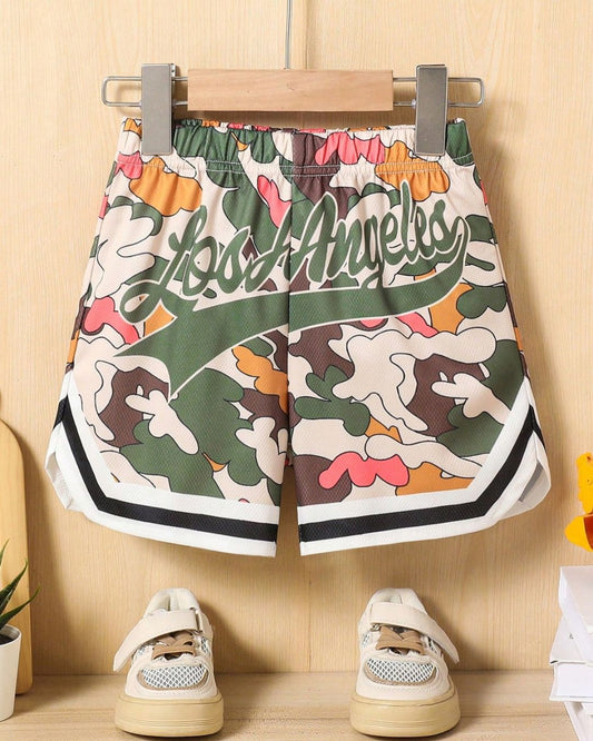 Bold & Retro - Striped Trim Letter Graphic Drawstring Shorts - 4Y - 7Y