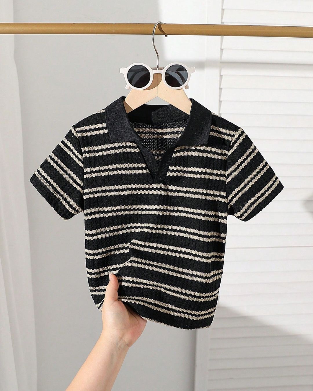 Bold & Retro - Casual Black & White Striped Polo Short Sleeve Top | 4Y - 7Y