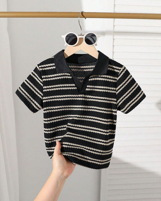 Bold & Retro - Casual Black & White Striped Polo Short Sleeve Top | 4Y - 7Y