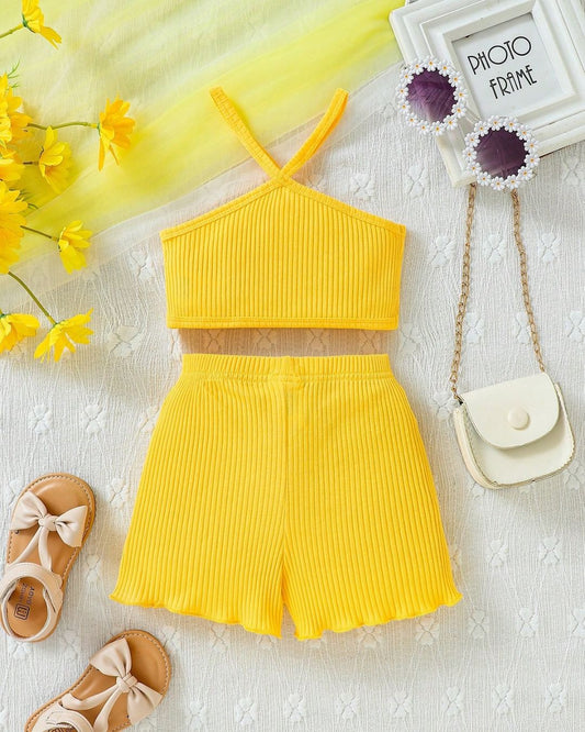 Baby Girls Y2k Style Dopamine Color Matching Ribbed Design Top & Shorts Set | 3M - 24M
