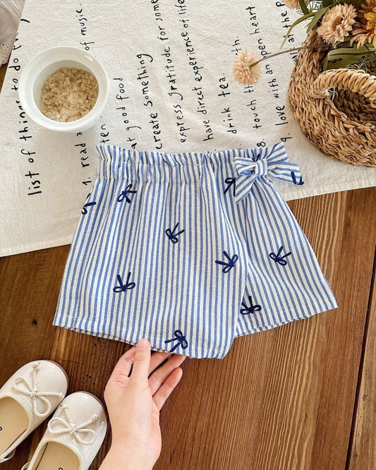 Baby Girls Bow Details Blue & White Striped Shorts | 6M - 3Y