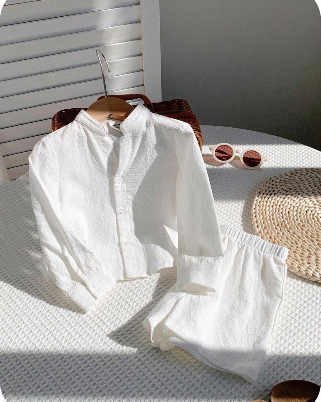 Casual Stand Collar Woven Long Sleeve Shirt & Shorts Set | 6M - 3Y