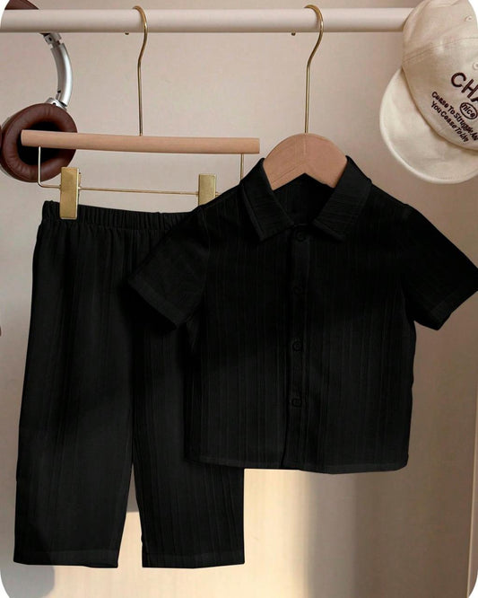 Textured Fabric Polo Collar Short Sleeve Top & Elastic Waist Long Pants Set | 6M - 3Y