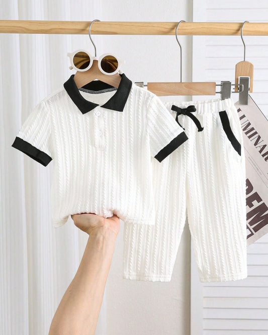White & Black Collar T-shirt & Pant Set | 6M - 3Y