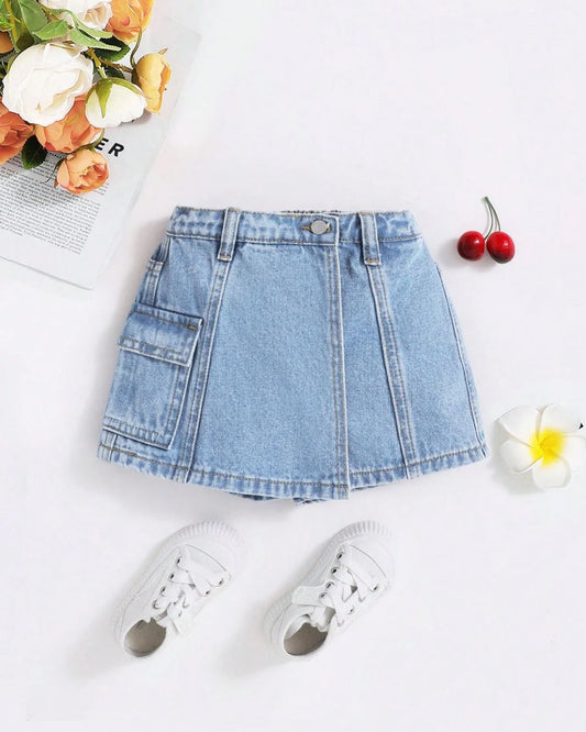 Young Girls Asymmetric Hem Cargo Pocket Denim Skirt Pants | 4Y - 7Y