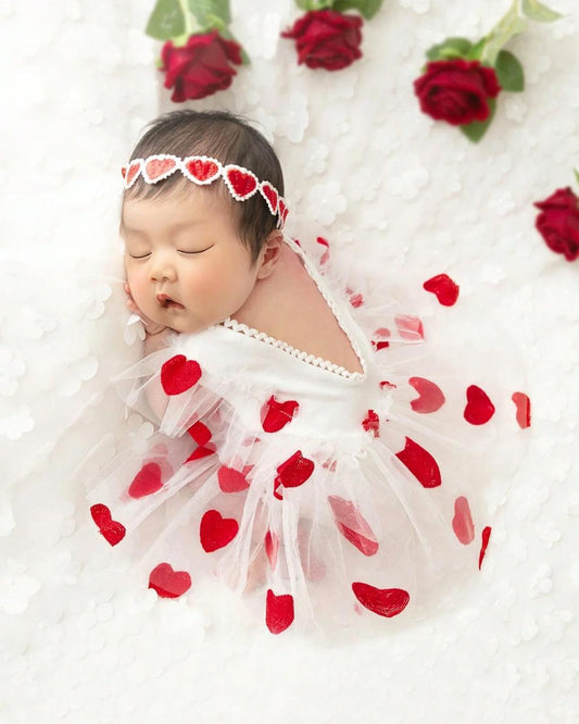Newborn Baby Girls Red Heart Embroidered Mesh Romper With Headband | 0M - 3M