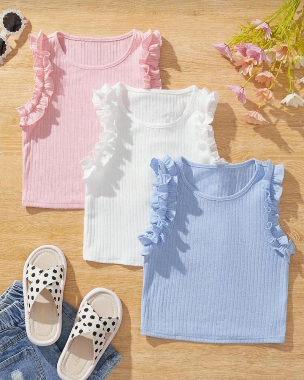 Young Girls Knit Ruffle Trim Sleeveless Casual Tops | 4Y - 7Y