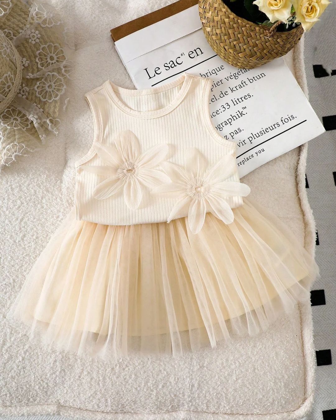 Baby Girls Flower Decoration Sleeveless Top & Wesh Short Skirt Set | 6M - 3Y