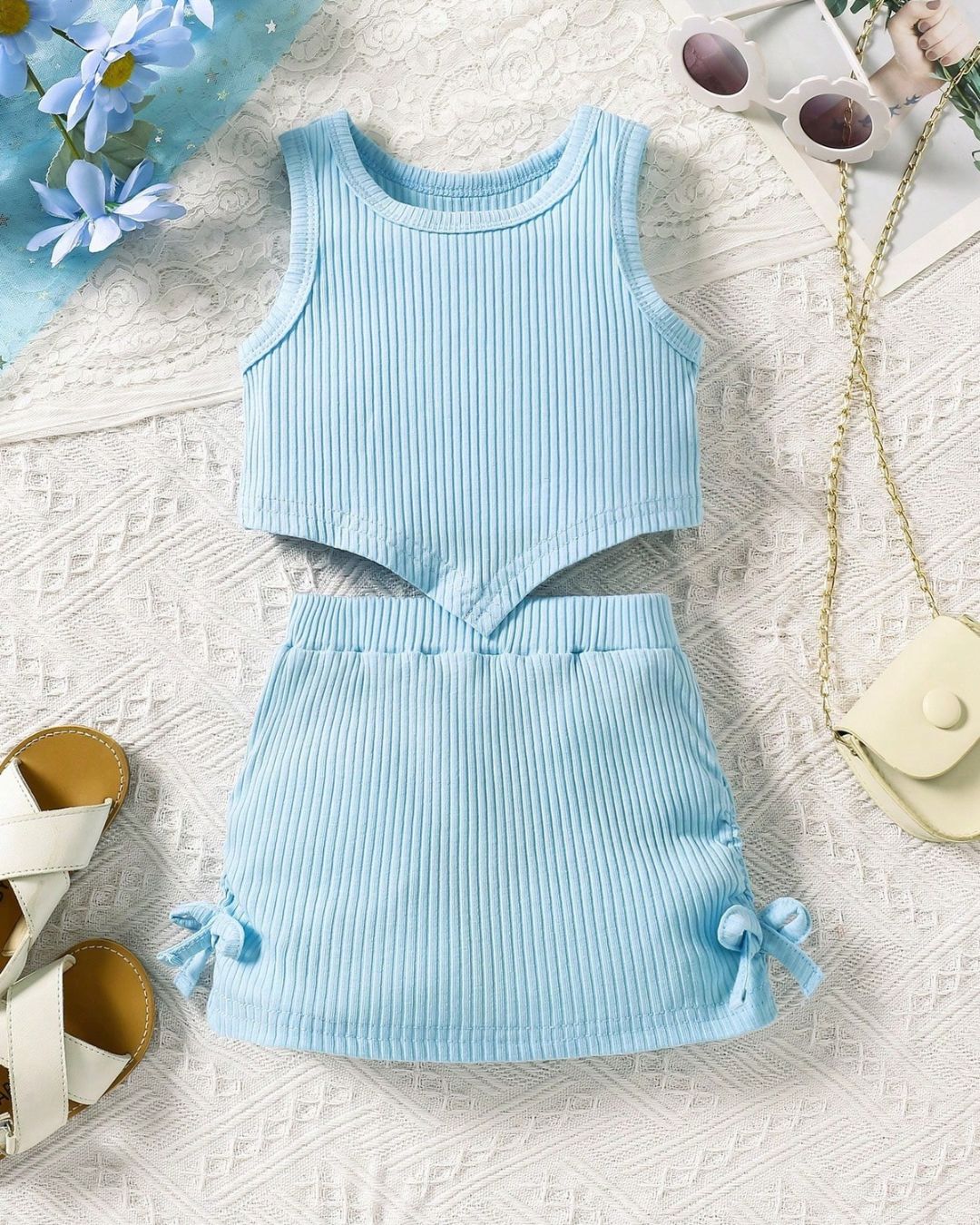 Baby Girls Asymmetrical Hem Top & Bow Decorated Mini Skirt Set | 3Y - 3Y