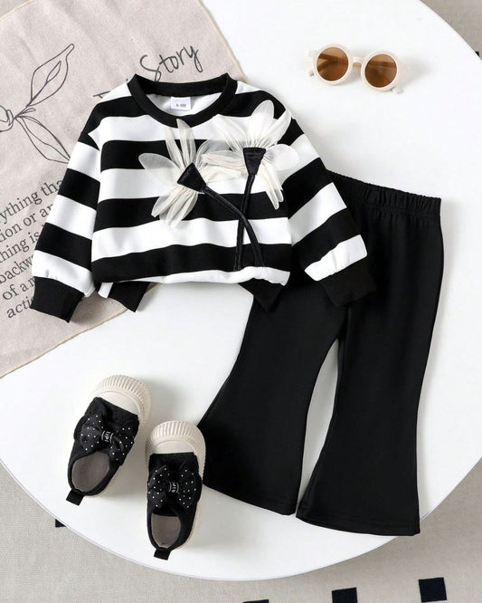 Baby Girls Black & White Top with Black Flared Pant Set | 6M - 3Y