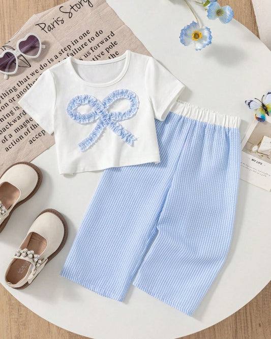 Baby Girls Blue Bow Top & Casual Pant Set |  3M - 3Y