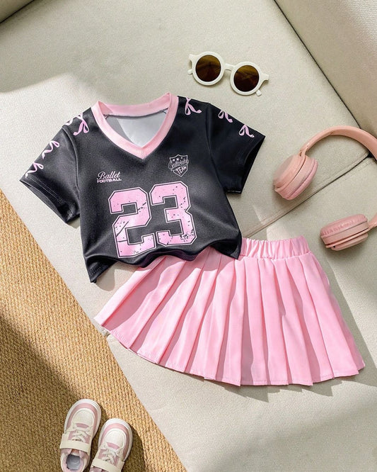 Baby Girls Sports Casual Fashion V-Neck Jersey Top & Puff Skirt | 6M - 3Y