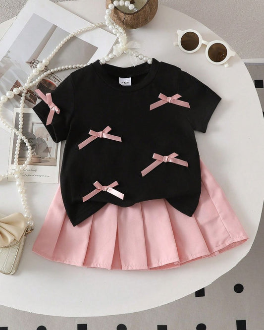 Baby Girls Bow Top & Casual Solid Color Skirt Set | 6M - 3Y