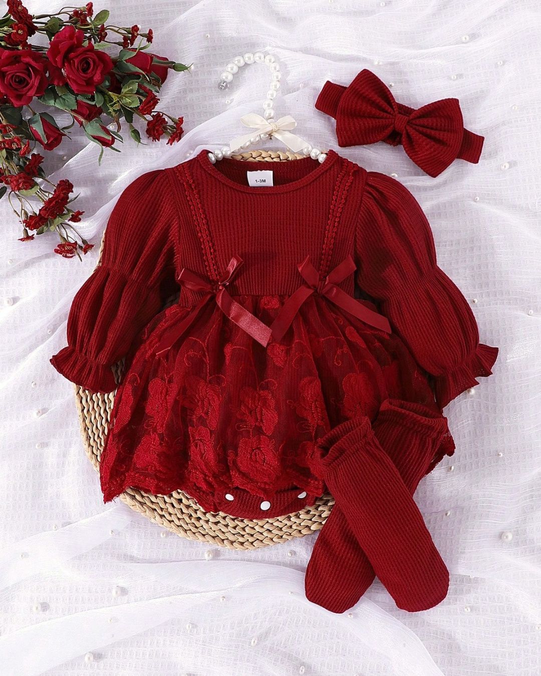 New Born Red Waffle Lantern Sleeve Tulle Dress | 1M - 6M